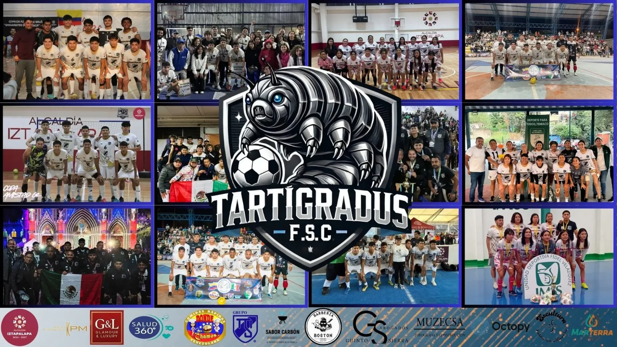Collage de Tartígradus F.S.C.: equipos varonil y femenil en sus torneos, con el escudo del club y sus patrocinadores
