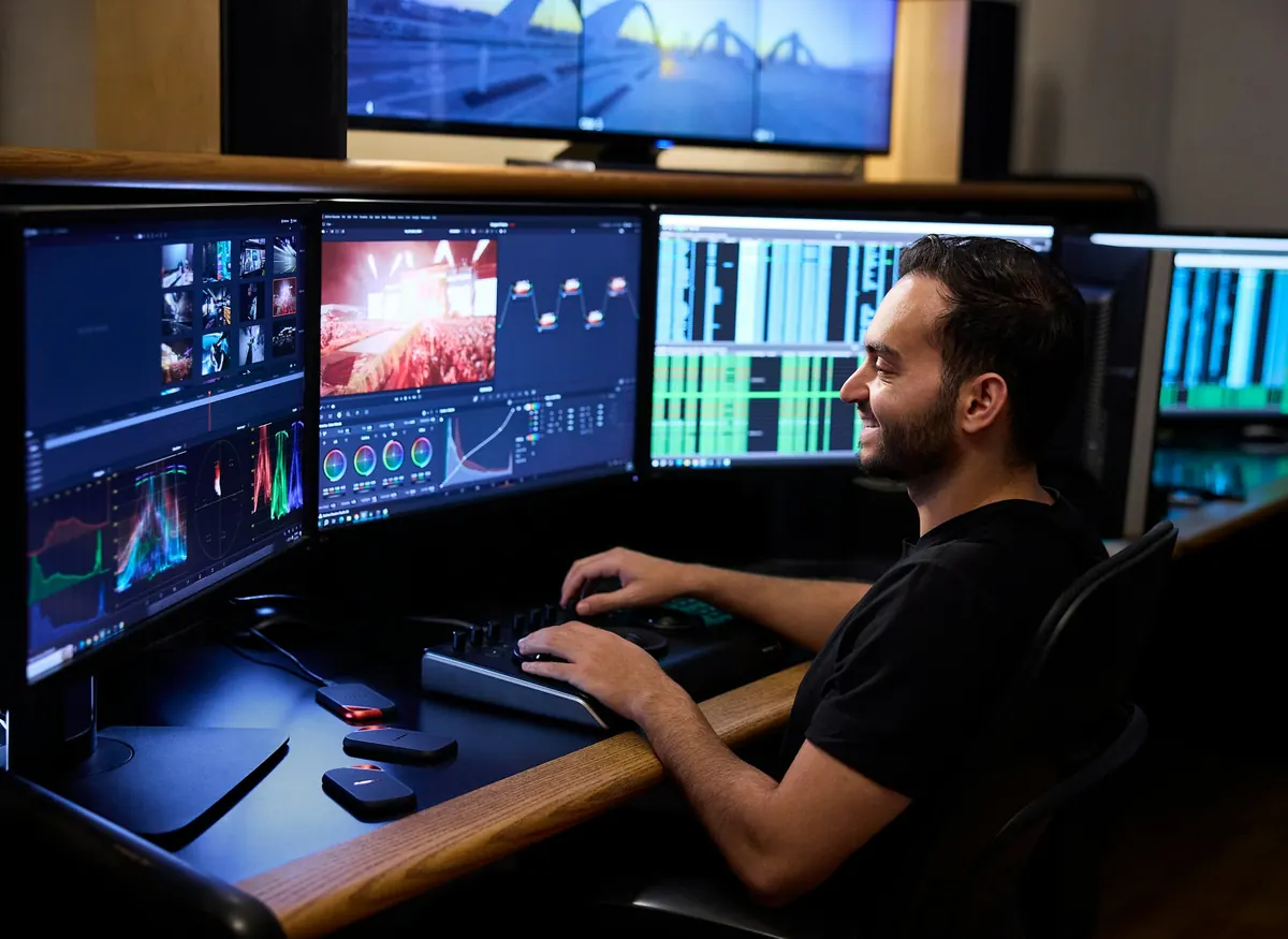 Editor de video trabajando frente a varios monitores