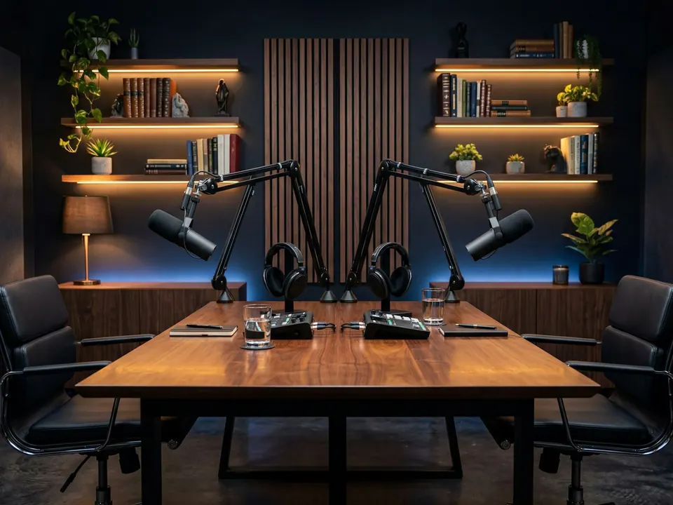 Dos personas grabando un podcast con micrófonos y audífonos