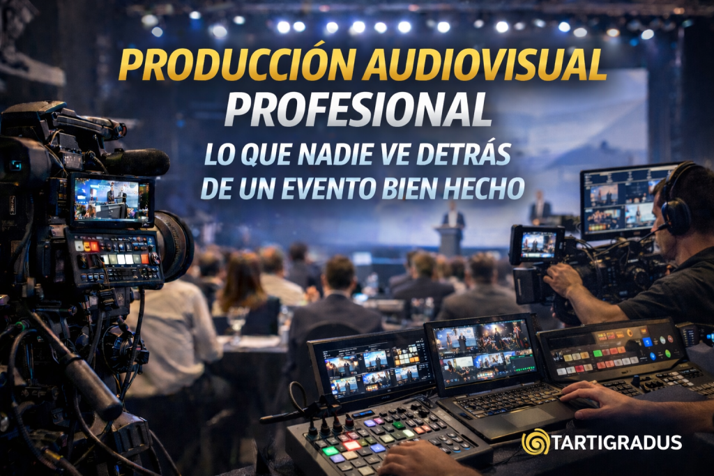 Producción audiovisual profesional detrás de cámaras en evento corporativo